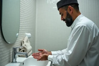 Homme musulman effectuant ses ablutions dans une mosquée de Roubaix avant l'heure de prière