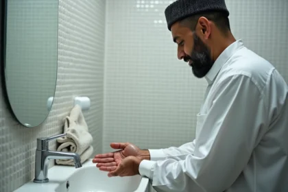 Homme musulman effectuant ses ablutions dans une mosquée de Roubaix avant l'heure de prière