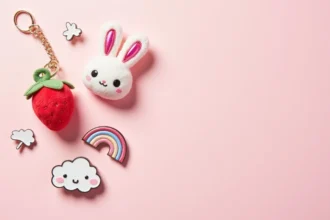 Accessoires kawaii disposés en flat lay sur fond rose pastel : breloque fraise, porte-clés lapin irisé, pin's nuage et patch arc-en-ciel pour sac à main