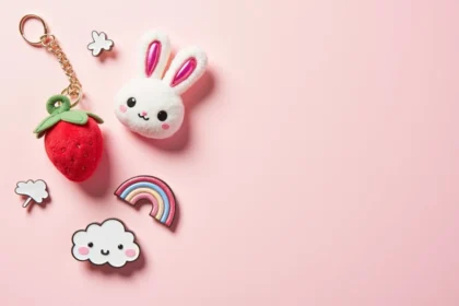 Accessoires kawaii disposés en flat lay sur fond rose pastel : breloque fraise, porte-clés lapin irisé, pin's nuage et patch arc-en-ciel pour sac à main