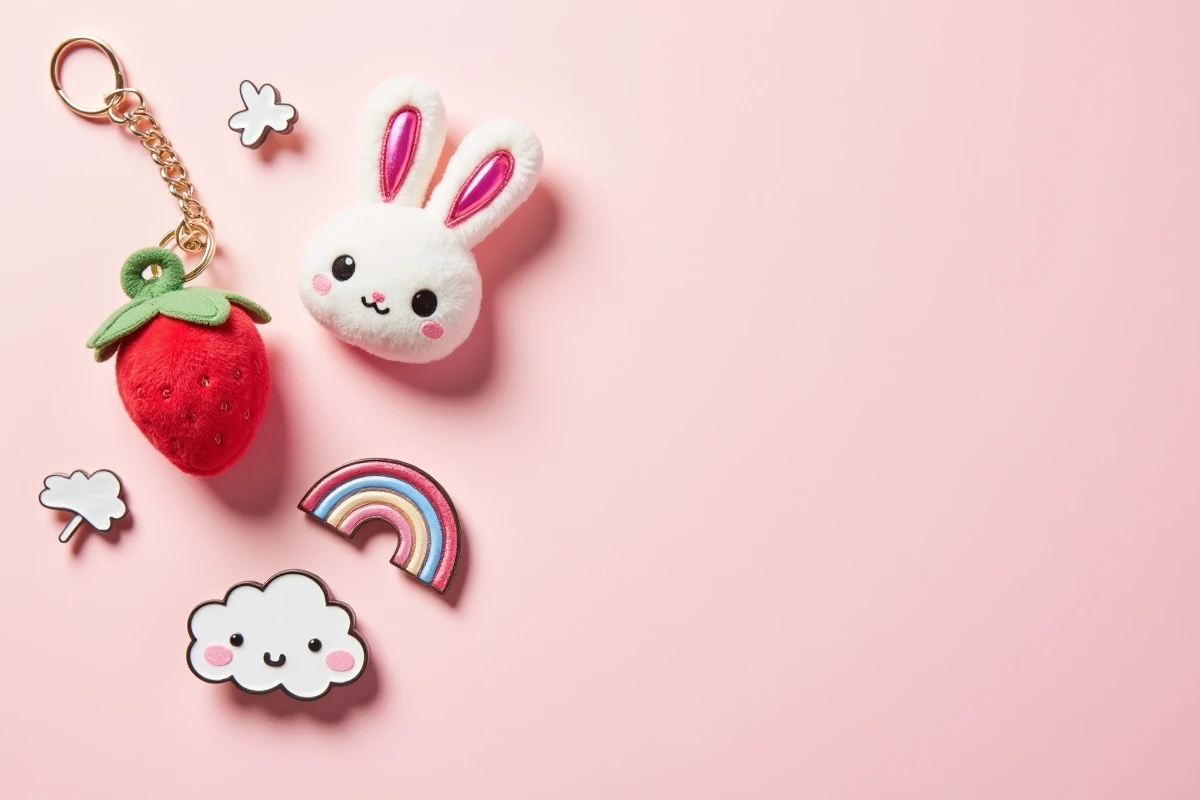 Accessoires kawaii disposés en flat lay sur fond rose pastel : breloque fraise, porte-clés lapin irisé, pin's nuage et patch arc-en-ciel pour sac à main