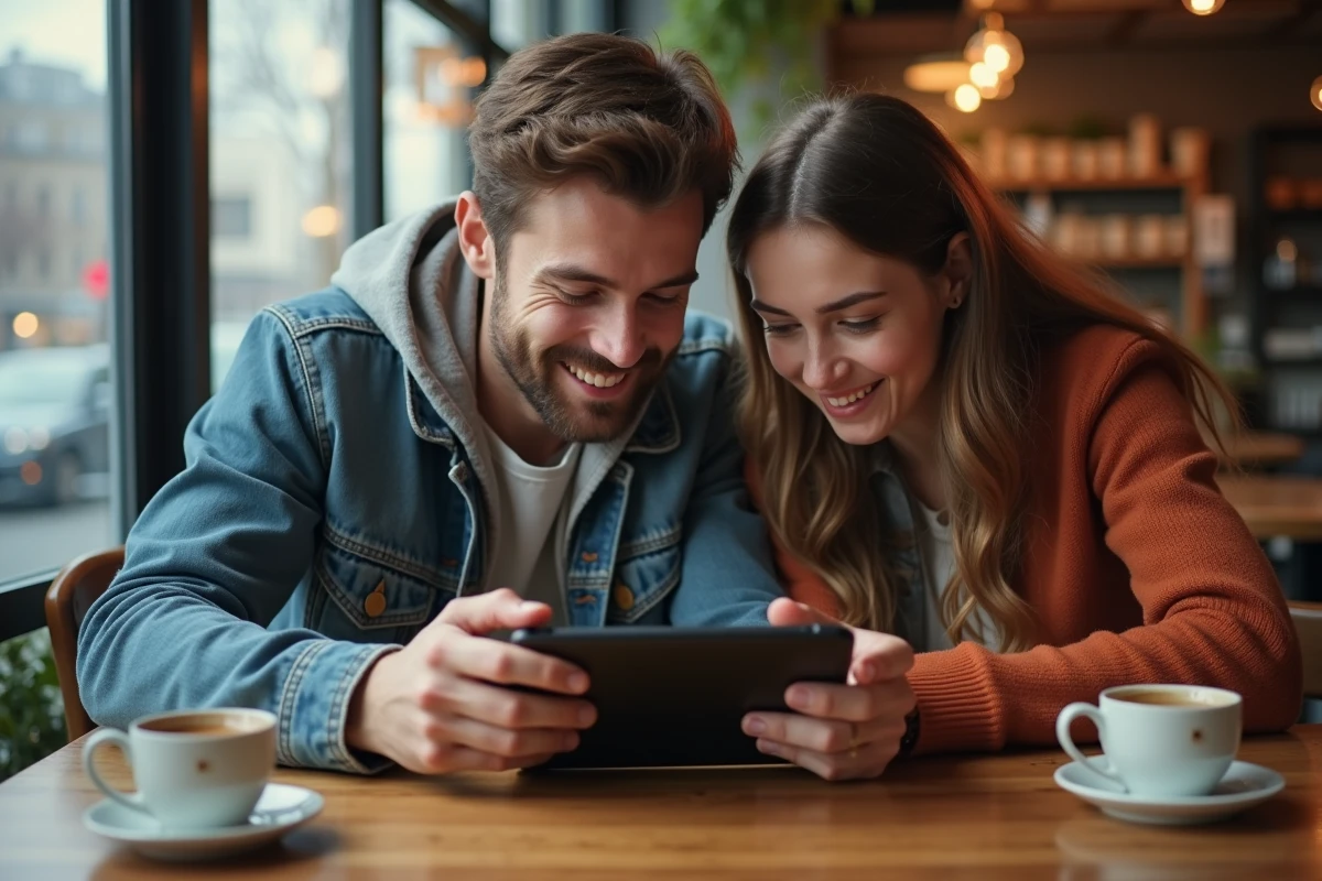 Deux amis dans un café consultant une marketplace sécurisée pour acheter des codes Pokémon Card Game Online