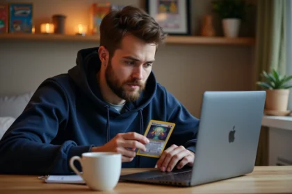 Jeune adulte tenant une carte Pokémon devant un ordinateur portable pour acheter des codes en ligne en toute sécurité
