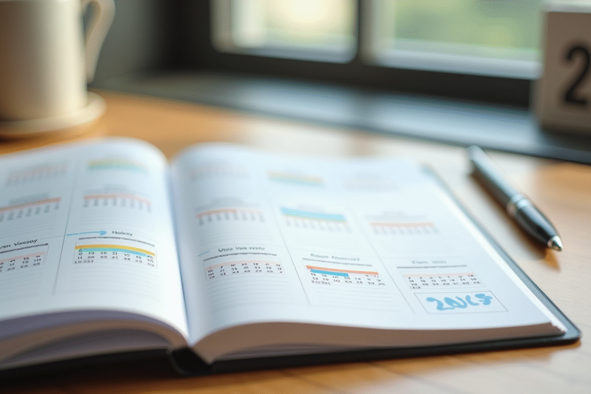 Agenda ouvert sur bureau lumineux avec highlights 2025