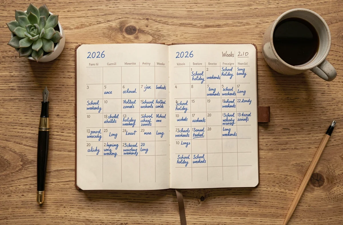 Agenda papier ouvert sur les semaines paires 2026 avec annotations manuscrites des vacances scolaires et ponts