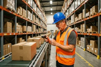Agent logistique scannant un colis sur tapis roulant dans un entrepôt de tri moderne en 2026