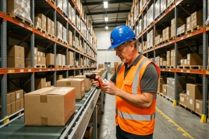 Agent logistique scannant un colis sur tapis roulant dans un entrepôt de tri moderne en 2026