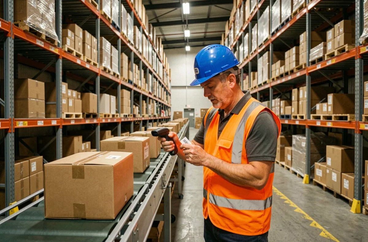 Agent logistique scannant un colis sur tapis roulant dans un entrepôt de tri moderne en 2026