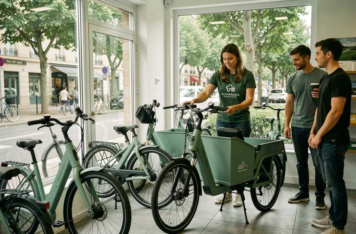 Boutique Altermove à Toulouse avec des vélos électriques cargo et une conseillère présentant les options à des clients