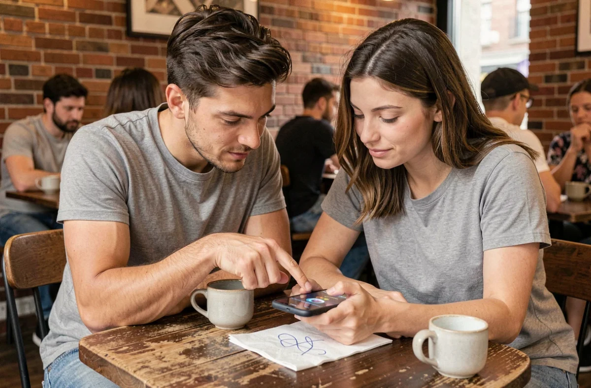 Deux amis collaborant pour trouver la solution d'un niveau dans un jeu d'escape room sur smartphone dans un café urbain