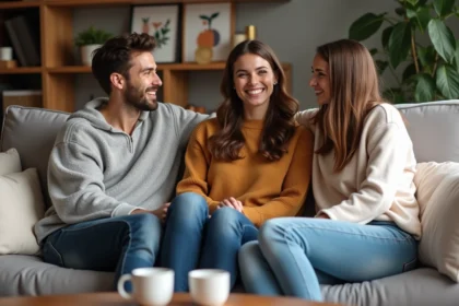 Trois amis discutent chaleureusement dans un salon cosy