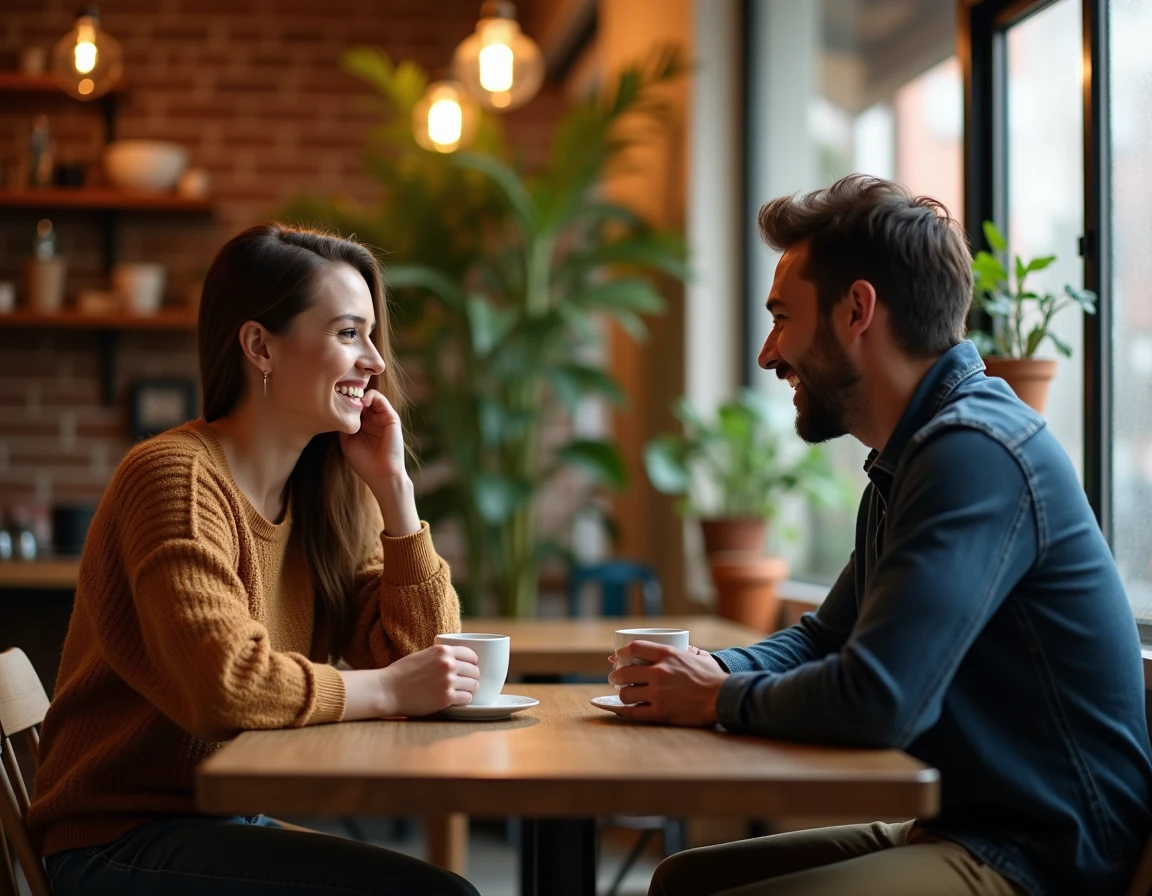 Deux amis riant ensemble dans un café chaleureux, représentant le soutien mutuel et le sourire comme remède aux moments difficiles