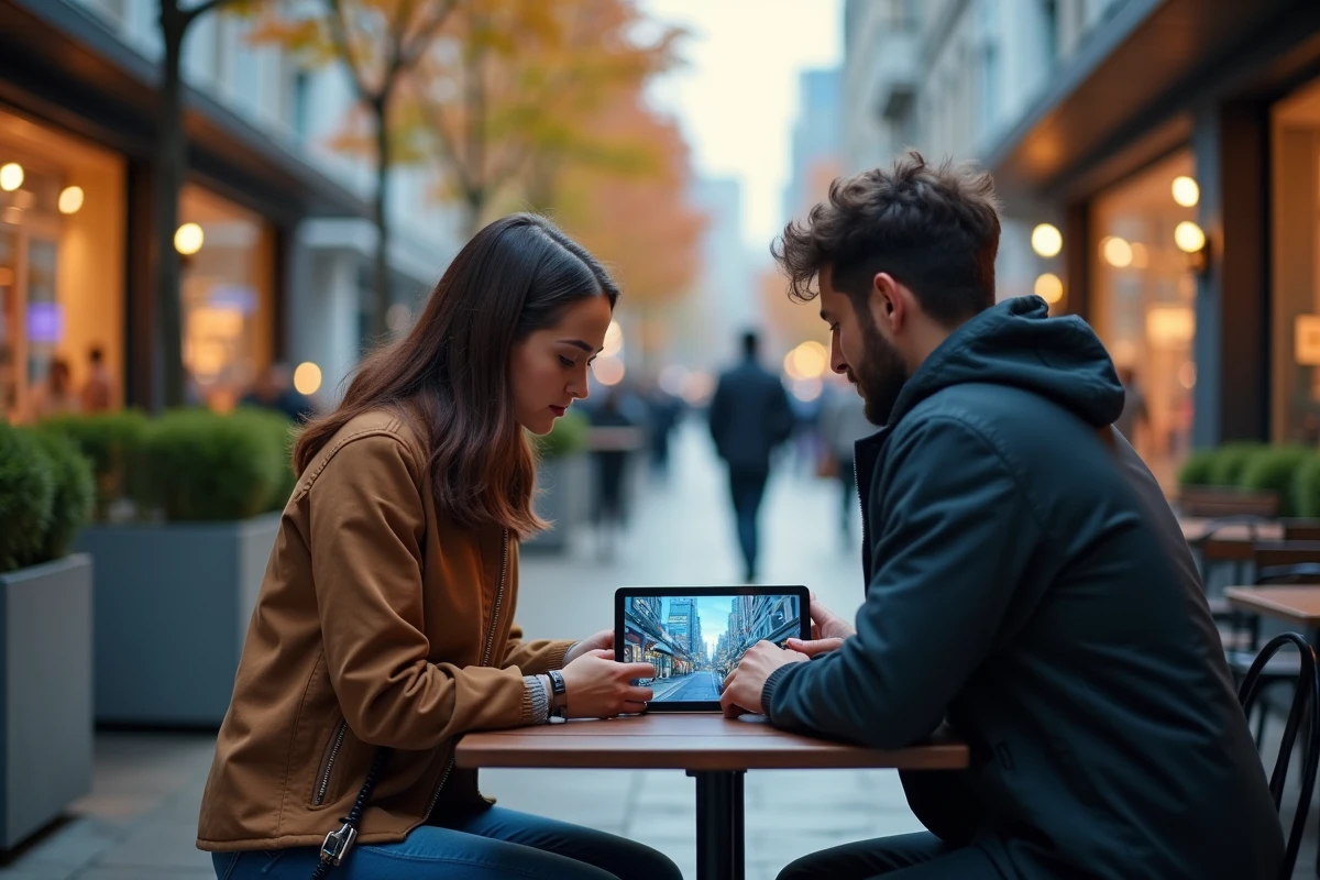 Deux amis regardant une tablette avec un jeu en extérieur