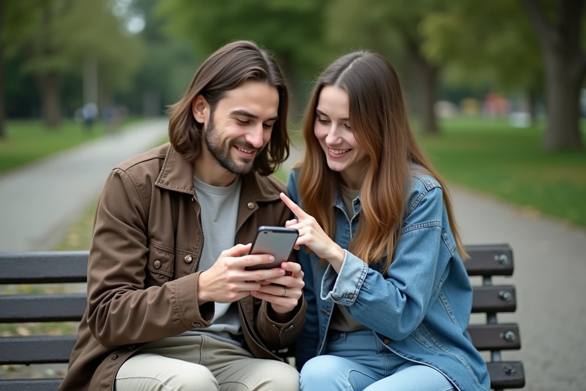 Deux amis vérifiant ensemble le numéro Lyca Mobile activé sur un téléphone en extérieur