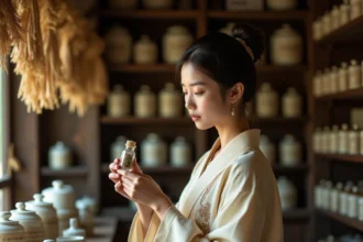 Jeune apothicaire en robe traditionnelle japonaise examinant des herbes médicinales dans une boutique ancienne