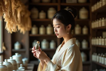 Jeune apothicaire en robe traditionnelle japonaise examinant des herbes médicinales dans une boutique ancienne