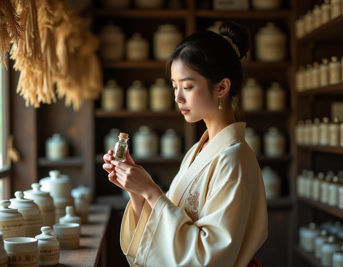 Jeune apothicaire en robe traditionnelle japonaise examinant des herbes médicinales dans une boutique ancienne