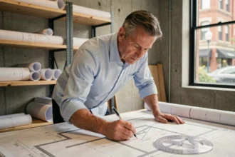 Architecte annotant des mesures de pente en degrés et pourcentage sur un plan de maison dans un studio professionnel