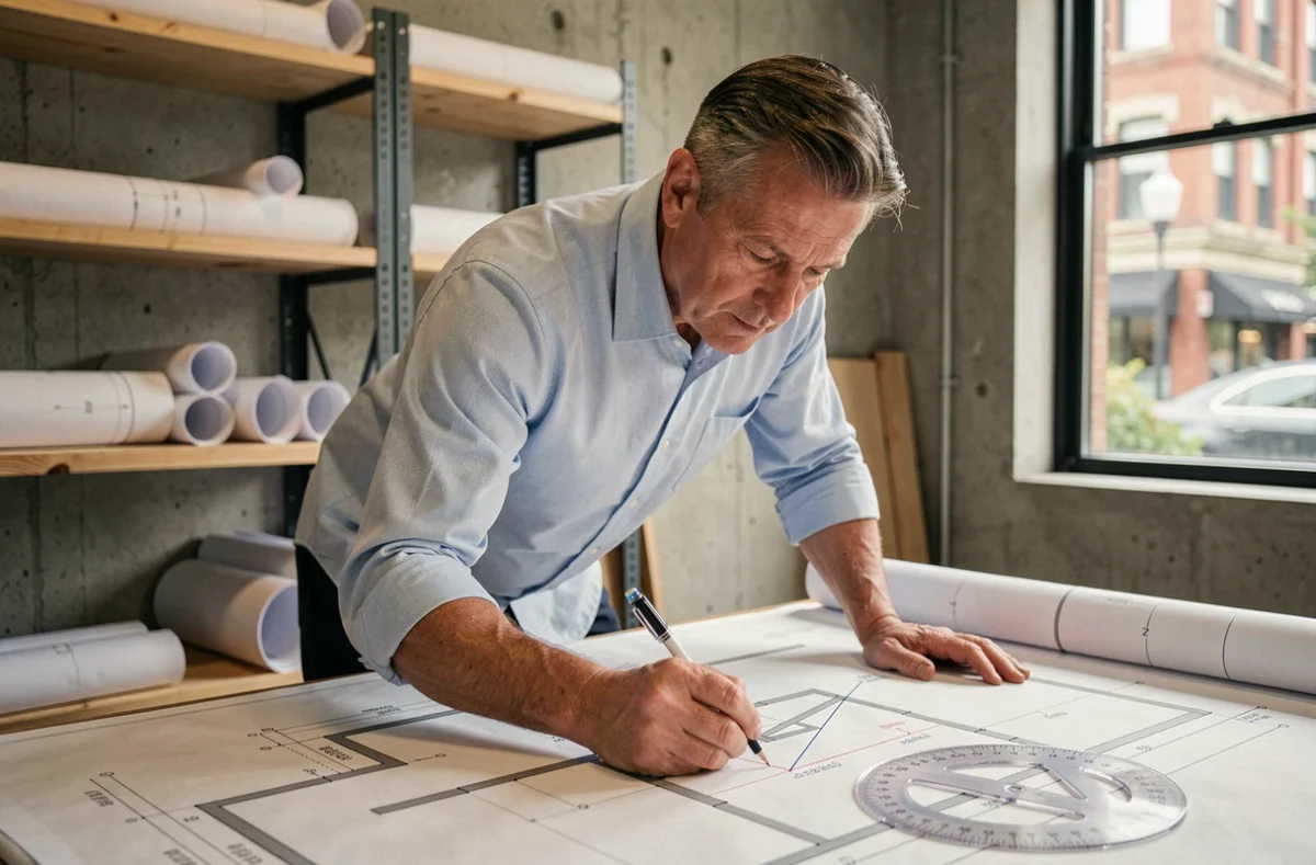 Architecte annotant des mesures de pente en degrés et pourcentage sur un plan de maison dans un studio professionnel