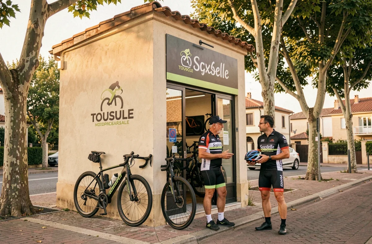 Devanture du magasin Arnaud Bike en banlieue de Toulouse avec des vélos électriques de performance et le gérant accueillant un client