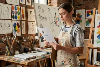 Jeune artiste peintre tenant un diplôme dans son atelier, questionnant la nécessité des qualifications académiques pour une carrière artistique