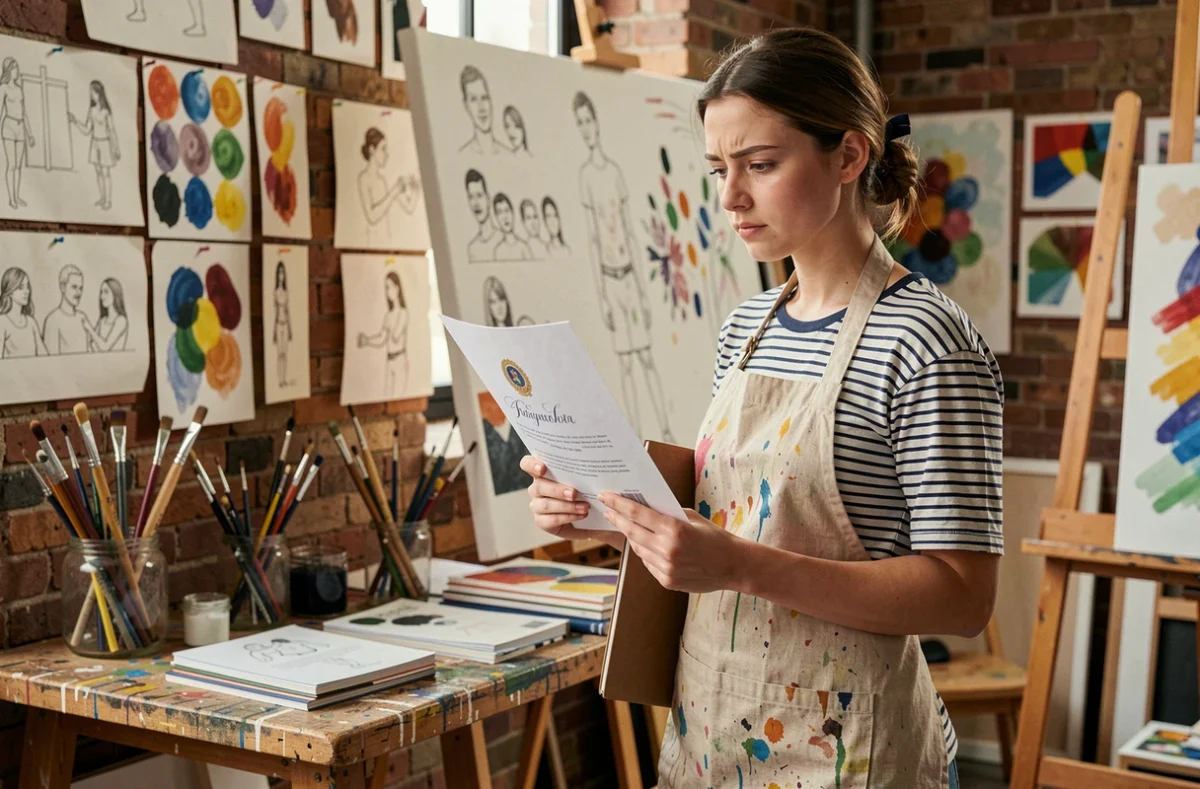 Jeune artiste peintre tenant un diplôme dans son atelier, questionnant la nécessité des qualifications académiques pour une carrière artistique