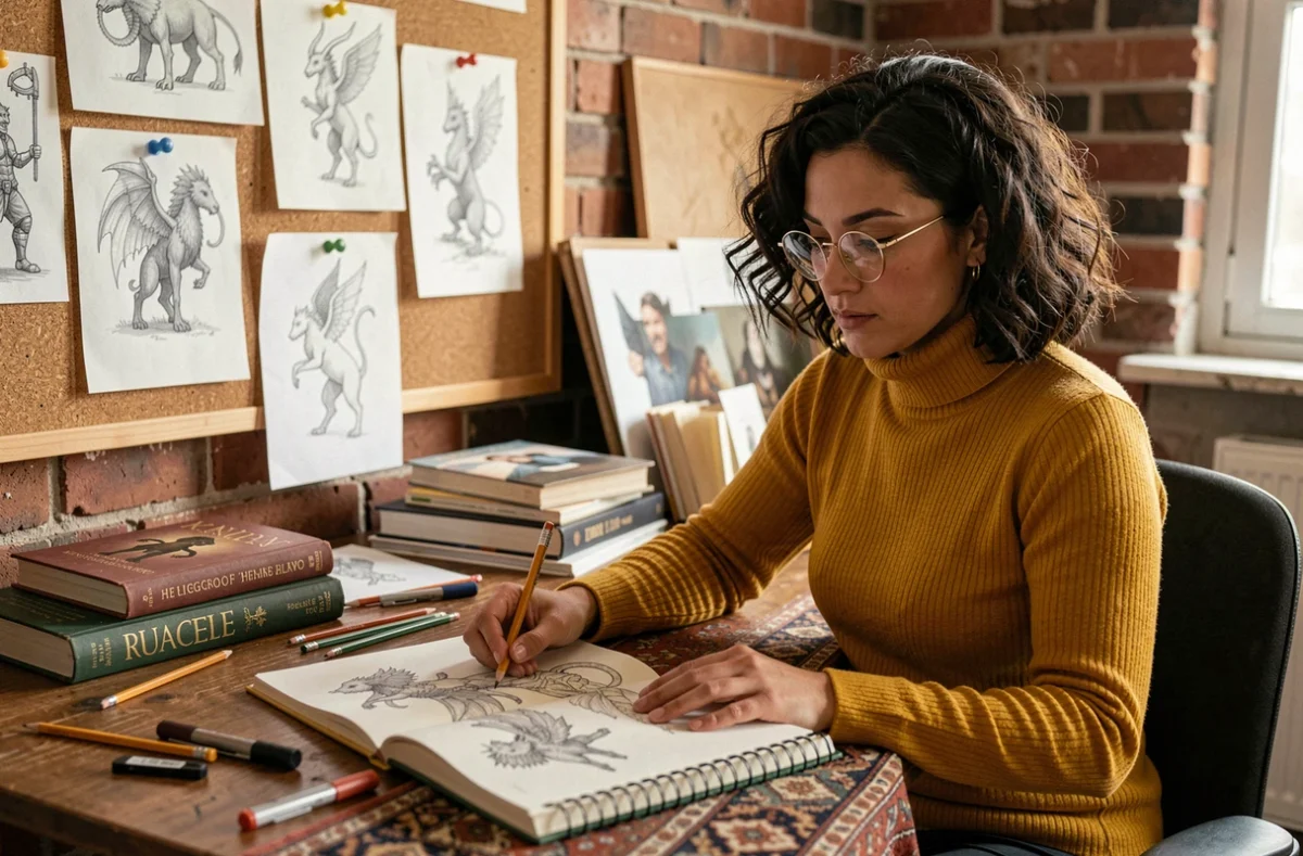 Femme artiste dessinatrice travaillant sur des illustrations de créatures mythiques dans un studio créatif chaleureux