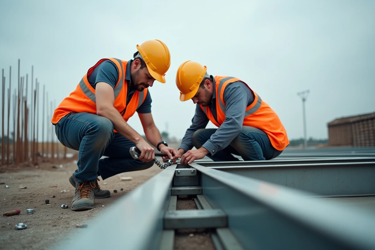 Deux ouvriers assemblant une structure métallique avec des cornières en L acier boulonnées sur chantier de construction