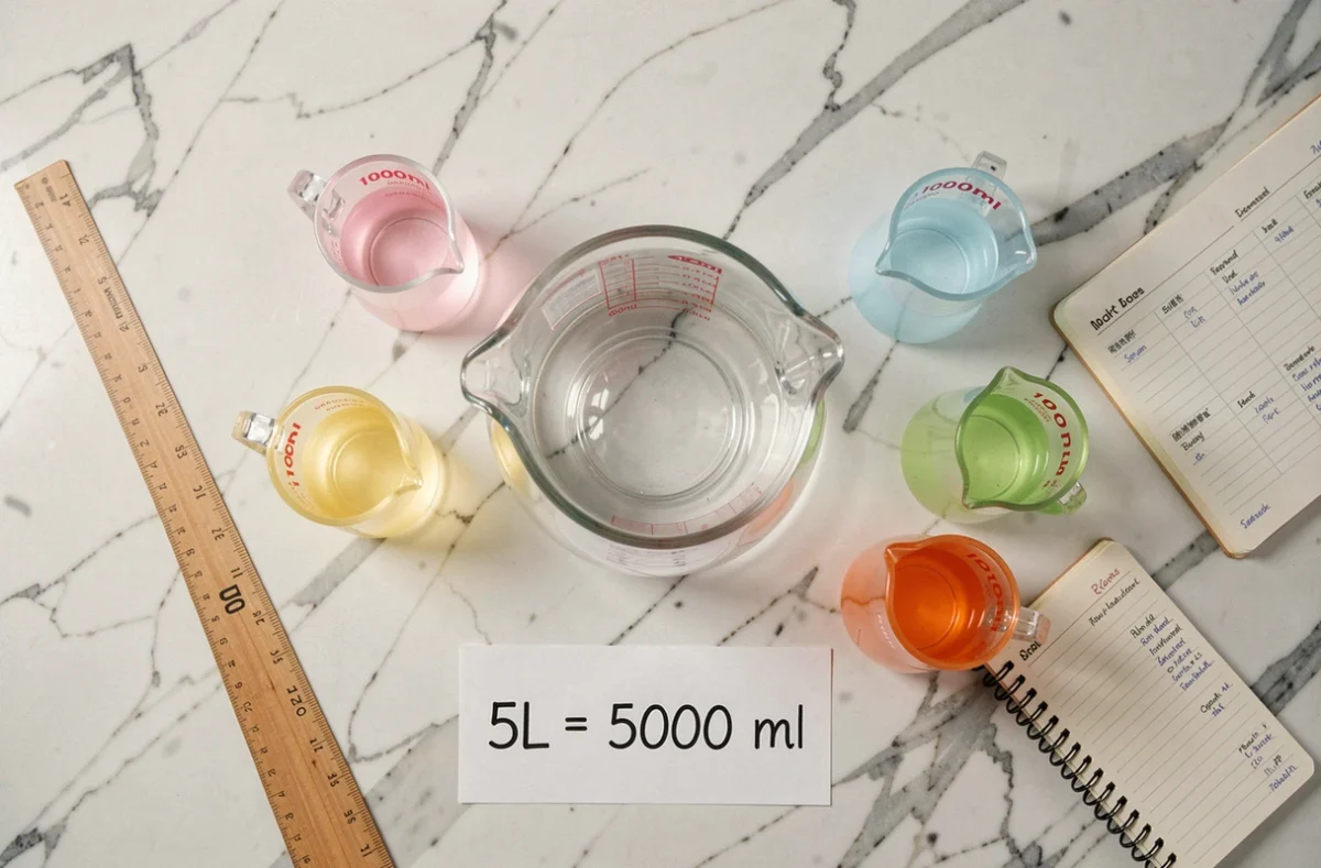 Vue de dessus d'une carafe de 5 litres entourée de cinq béchers de 1000 ml avec une carte indiquant 5L égale 5000 ml pour mémoriser la conversion