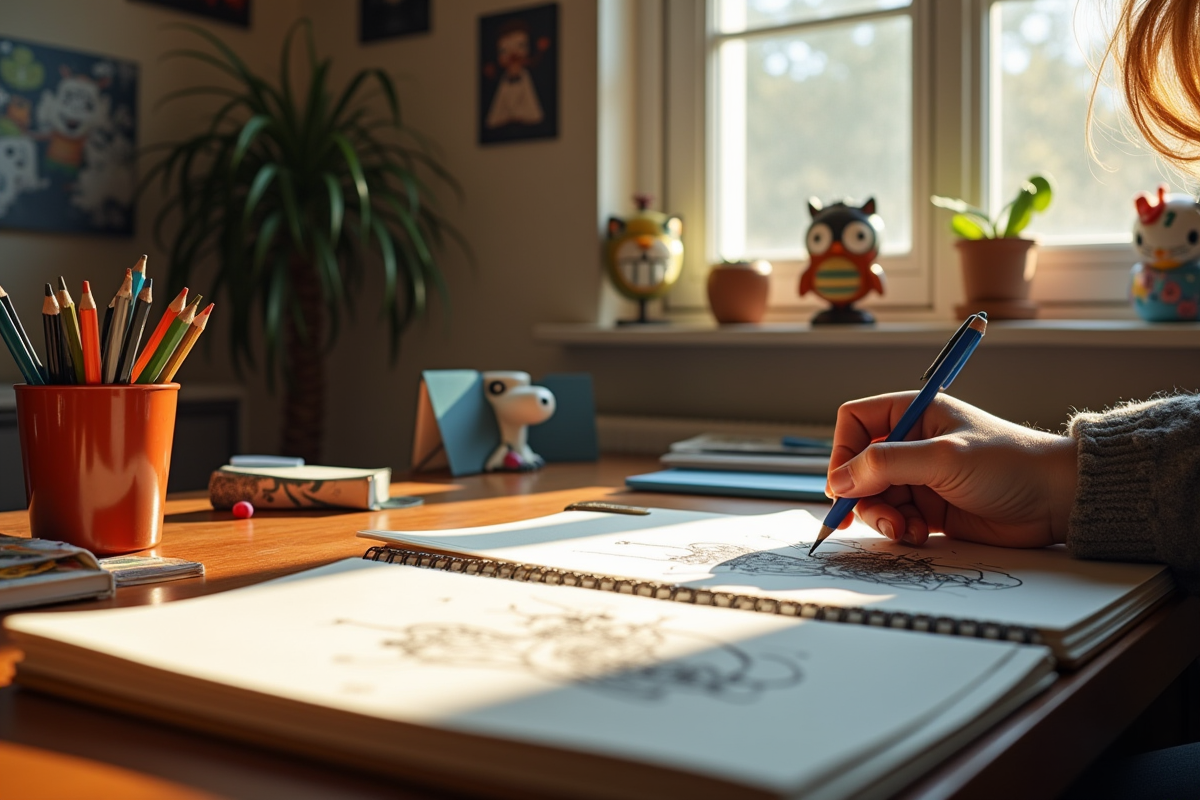 Espace de dessin avec croquis et crayons colorés