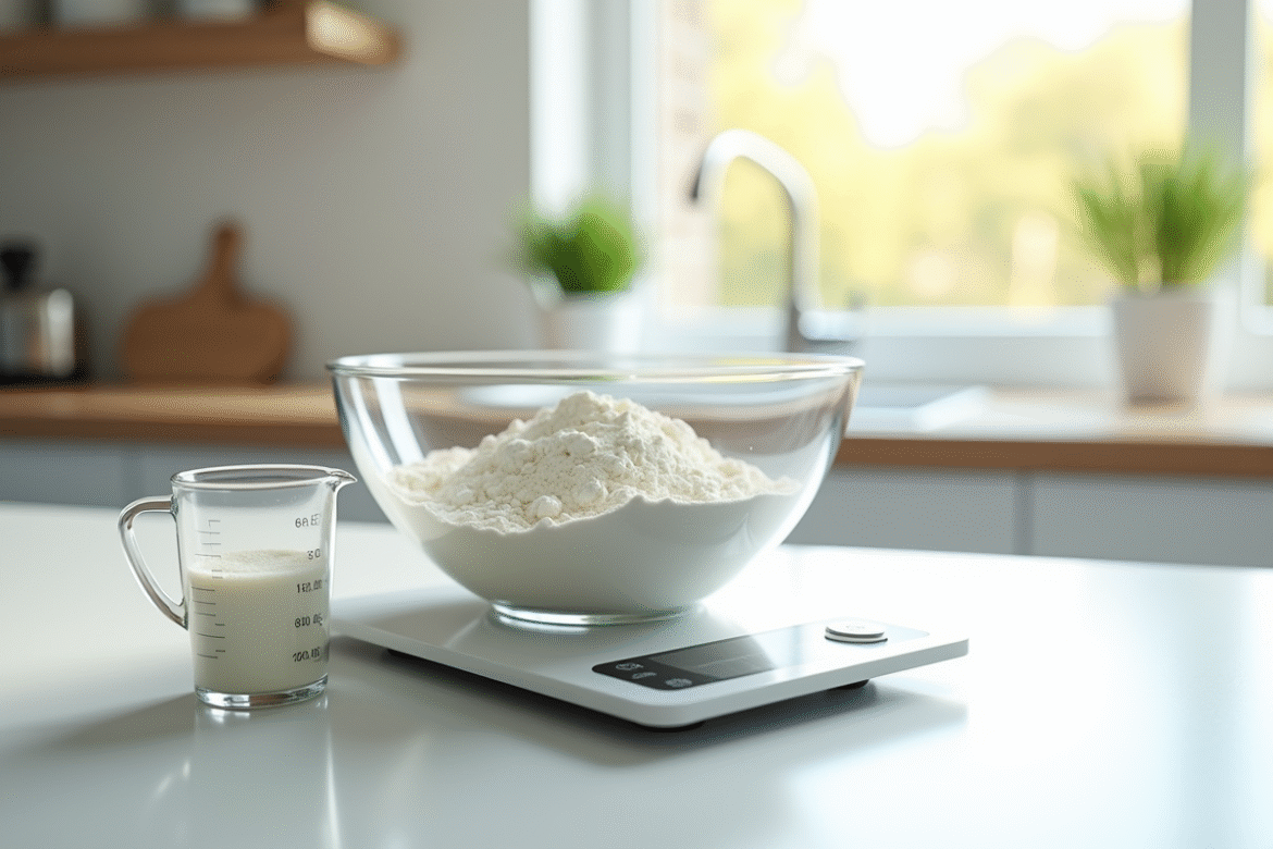 Balance de cuisine affichant 100g de farine sur un plan blanc