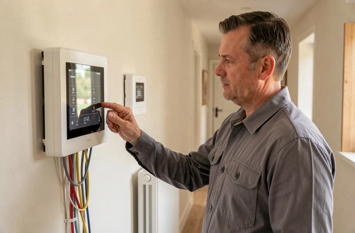 Technicien configurant un système combiné chauffage et domotique pour Benoit Bigot Electricité