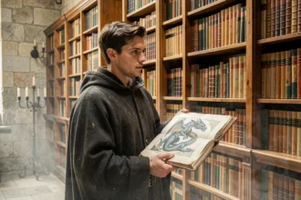 Jeune homme en cape médiévale tenant un manuscrit illustré de dragons dans une bibliothèque ancienne mystérieuse