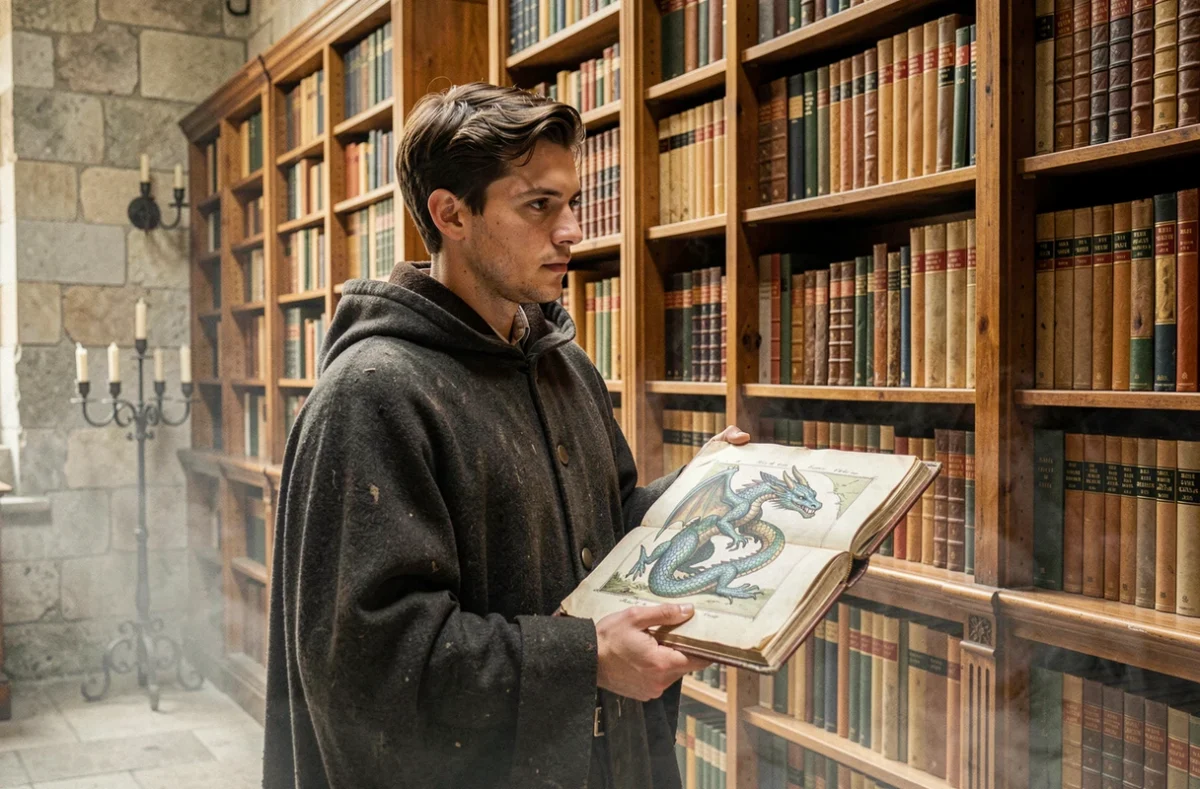 Jeune homme en cape médiévale tenant un manuscrit illustré de dragons dans une bibliothèque ancienne mystérieuse