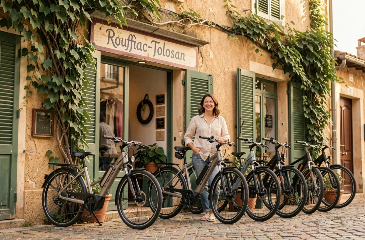 Devanture du magasin Bouticycle à Rouffiac-Tolosan avec des vélos électriques exposés devant une boutique au charme artisanal