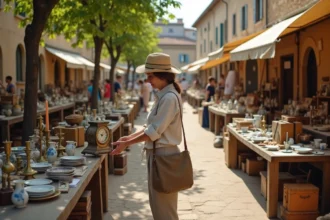 Brocante animée sur une place de village en Lot-et-Garonne avec tables de chineurs et objets anciens