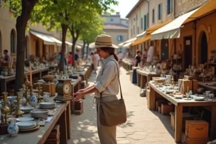 Brocante animée sur une place de village en Lot-et-Garonne avec tables de chineurs et objets anciens