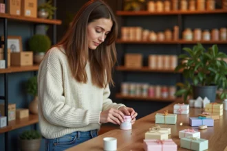 Jeune femme choisissant un petit cadeau abordable dans une boutique de cadeaux artisanale, entourée de bougies et carnets