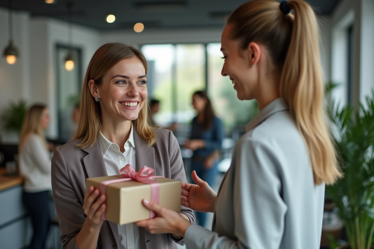 Deux collègues échangeant un petit cadeau pas cher lors d'un moment convivial au bureau