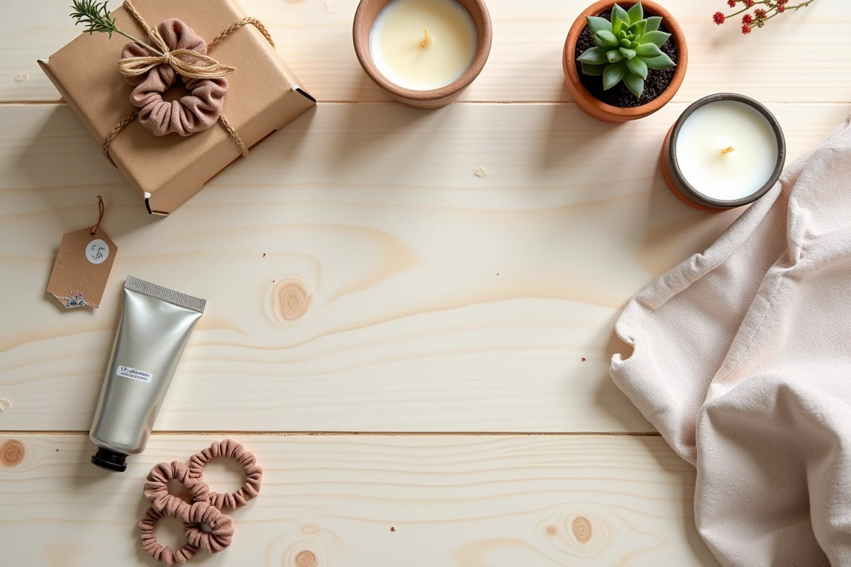 Flat lay de petits cadeaux à moins de 5 euros pour femme : bougie, crème, plante succulente et accessoires