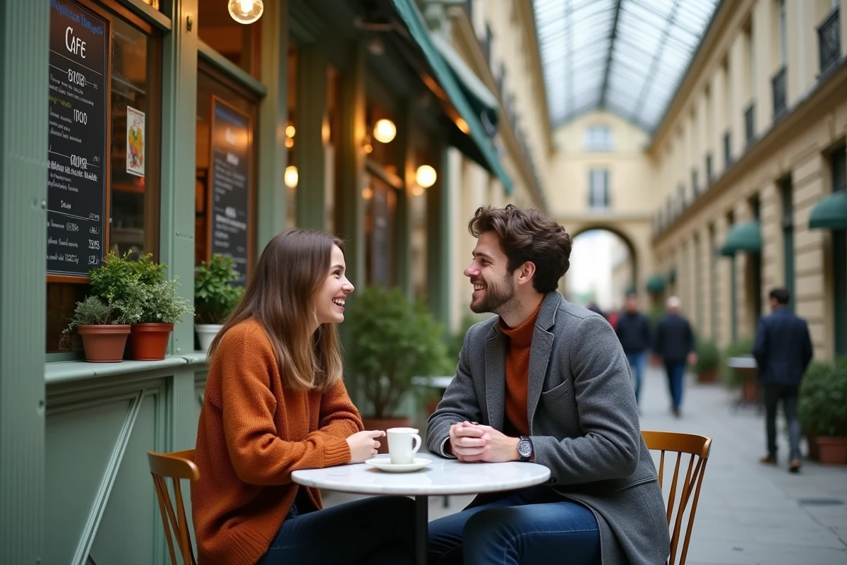 Deux amis attablés dans un café de passage couvert parisien sous une verrière en fer forgé avec sol en mosaïque colorée