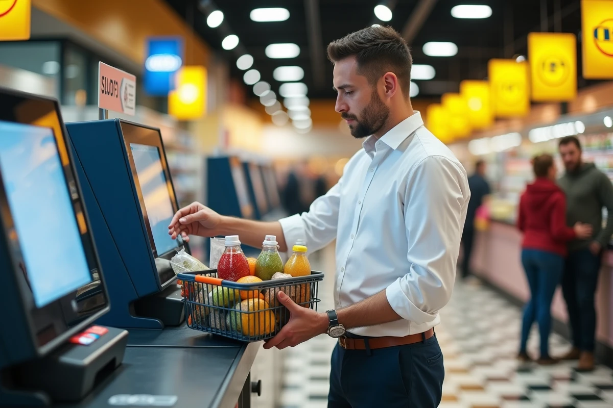 Homme en chemise utilisant la caisse automatique d'un Lidl proche de son lieu de travail en soirée