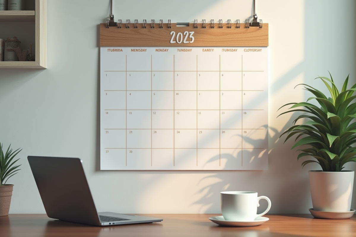 Calendrier mural 2025 avec ordinateur et tasse de cafe