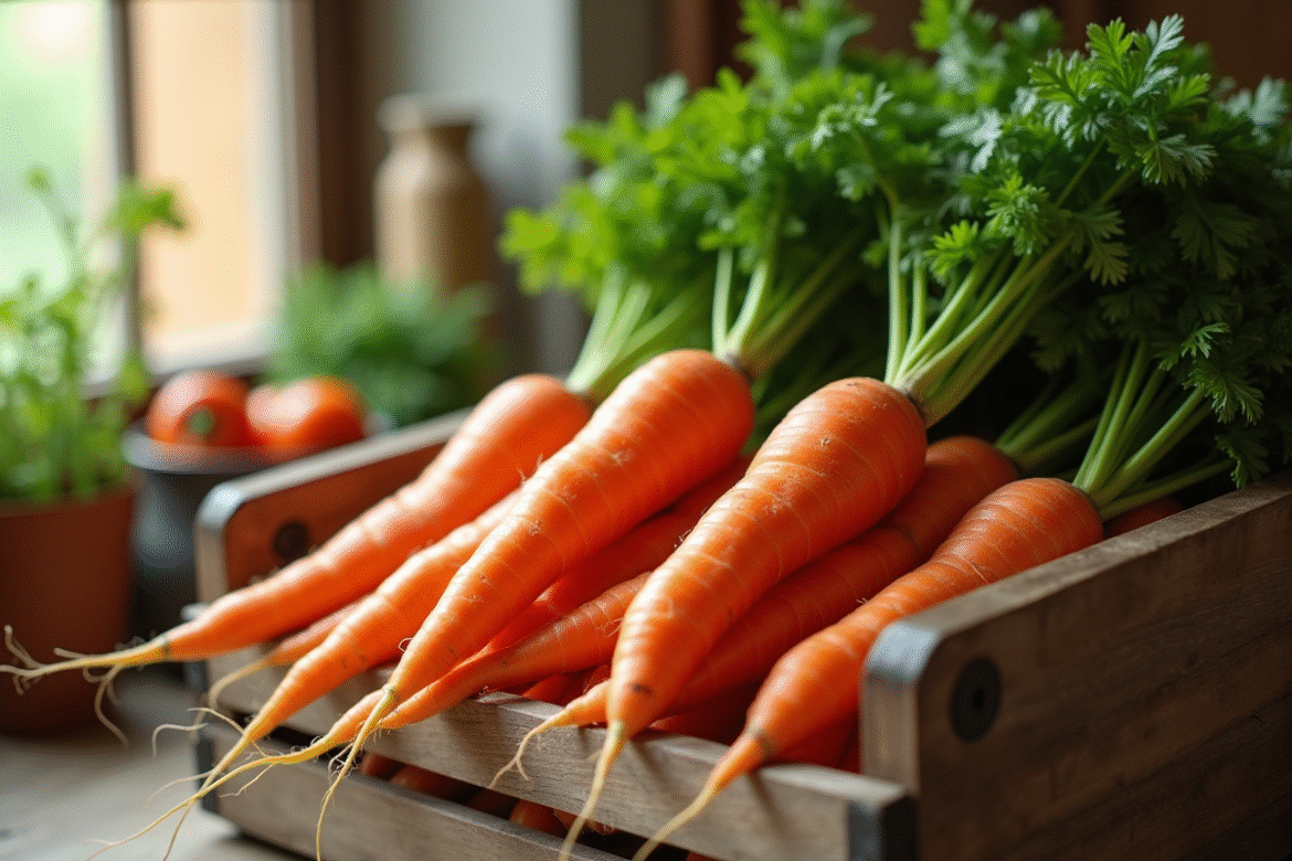 Carottes fraîches avec fanes dans une caisse en bois sur un plan de travail