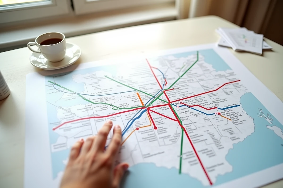Vue aérienne d'une carte du réseau RER Île-de-France posée sur une table avec une main traçant un itinéraire
