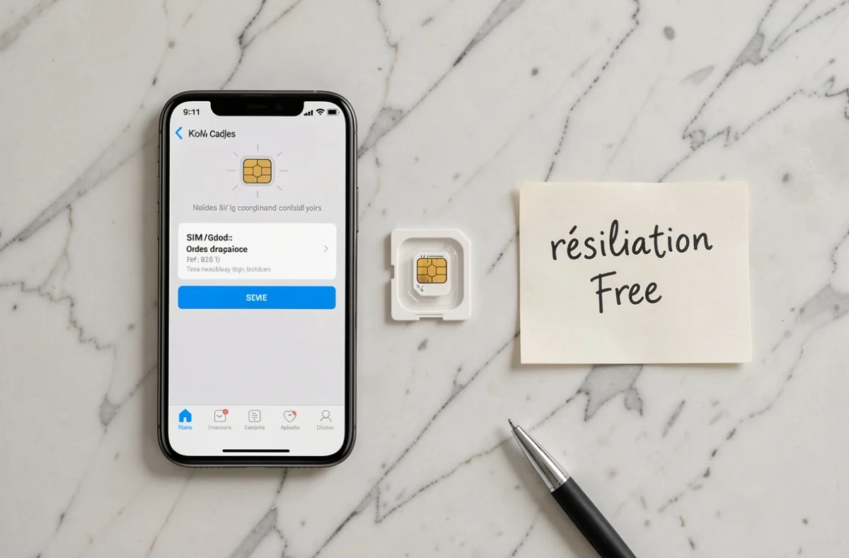 Carte SIM et smartphone affichant une confirmation de commande pour changer de forfait et résilier Free Mobile