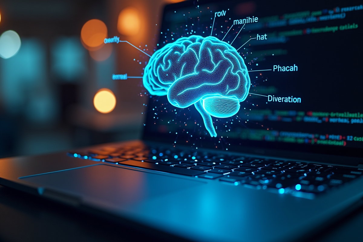 Hologramme cerveau au-dessus du clavier d