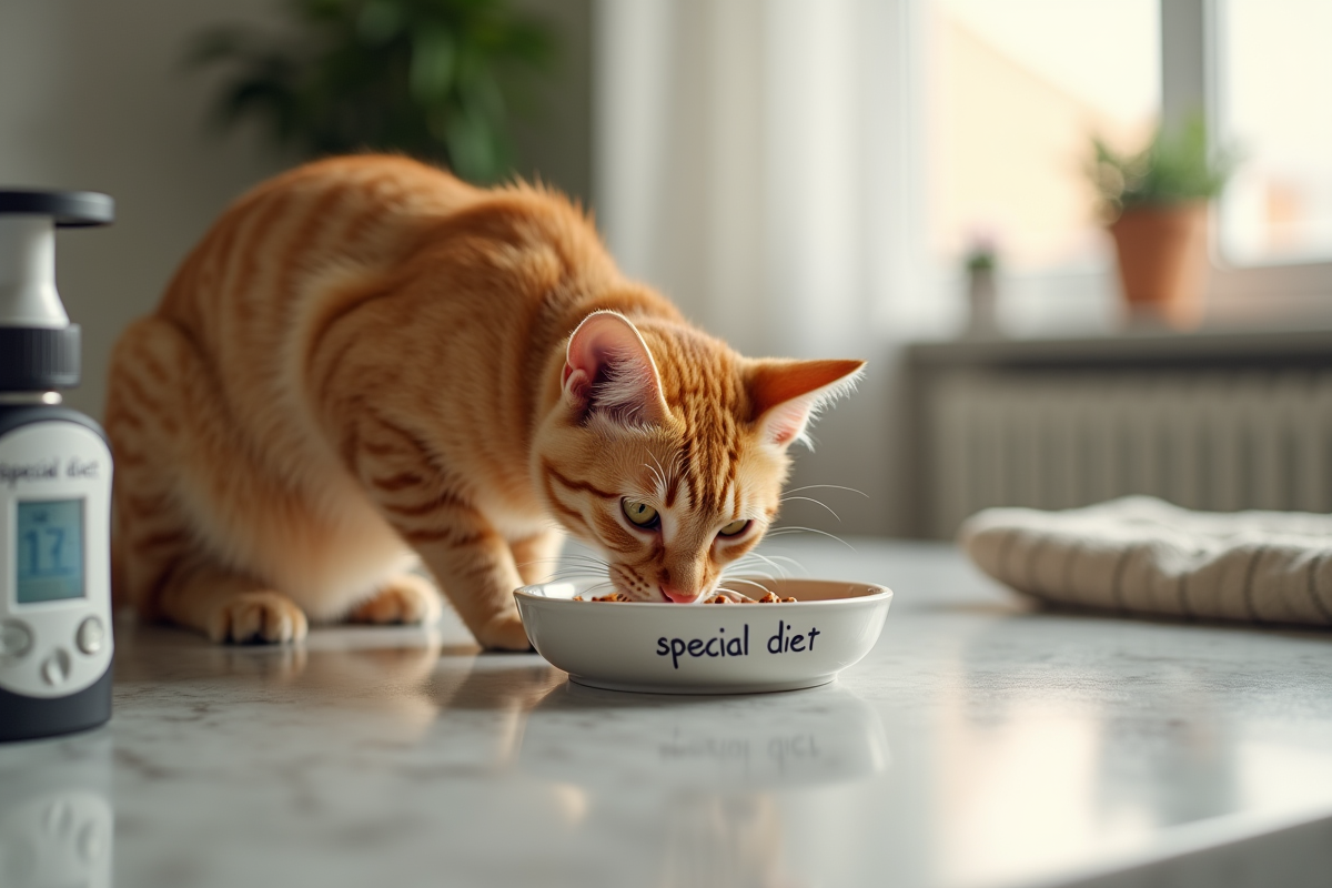 Chat orange mangeant dans une gamelle pour régime spécial