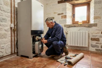 Chauffagiste professionnel inspectant une chaudière dans une maison de Lot-et-Garonne