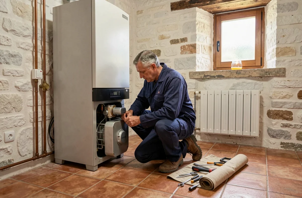 Chauffagiste professionnel inspectant une chaudière dans une maison de Lot-et-Garonne
